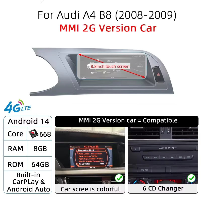 NUNOO Android 14 Multimedia-Touchscreen-Radio mit Wireless CarPlay und Android Auto für Audi A4 B8 in Schwarz - Bild 7