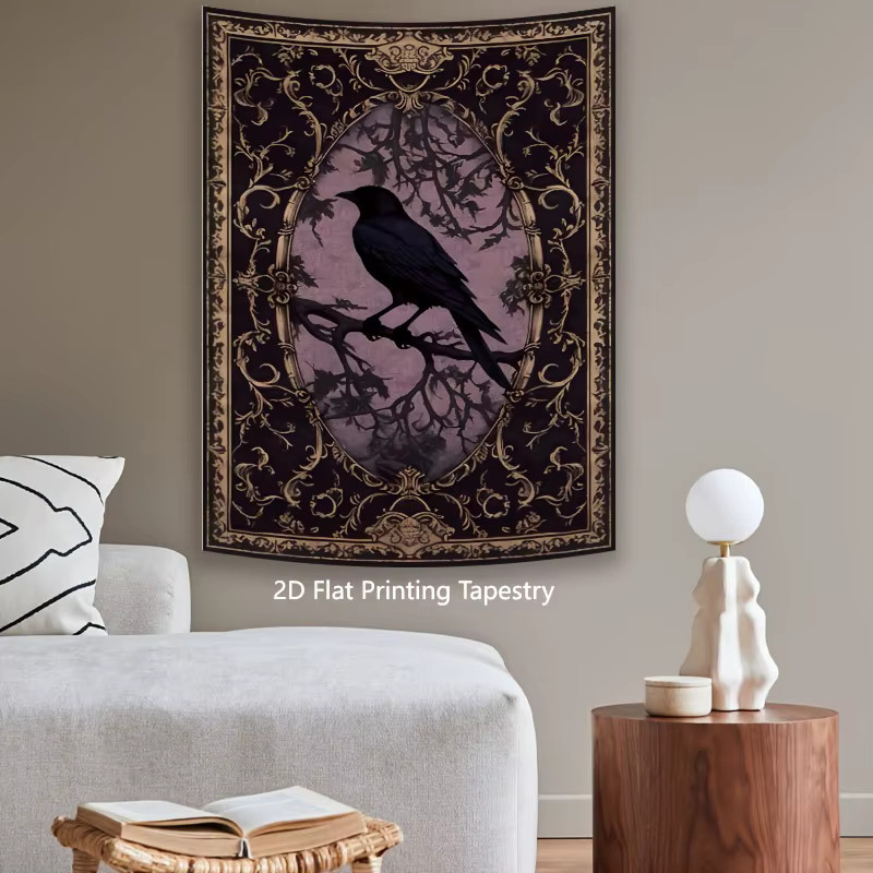VIKAMA Gothic Crow Wandteppich mit Retro-Dunkeldruck, rechteckiger Textil-Wandteppich mit Vogelmotiv, Breite: 60 cm, Höhe: 40 cm - Bild 4