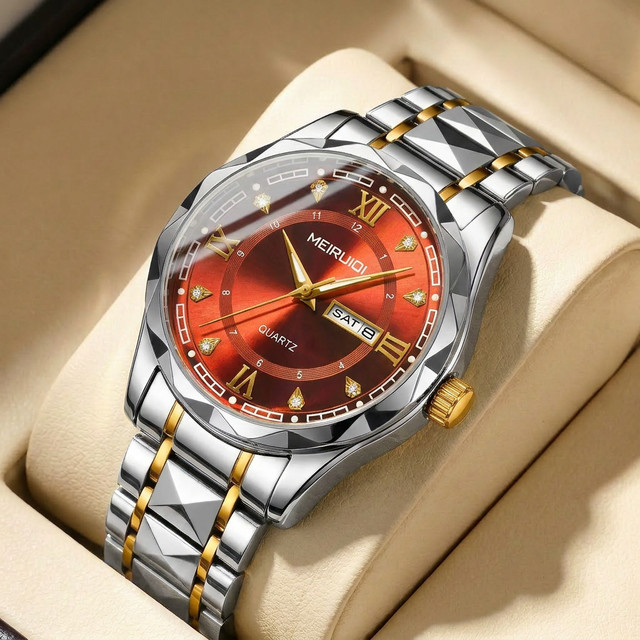 MEIRUIQI Armbanduhr, Quarz, rotes Zifferblatt, Legierungsarmband, Herren - Bild 1
