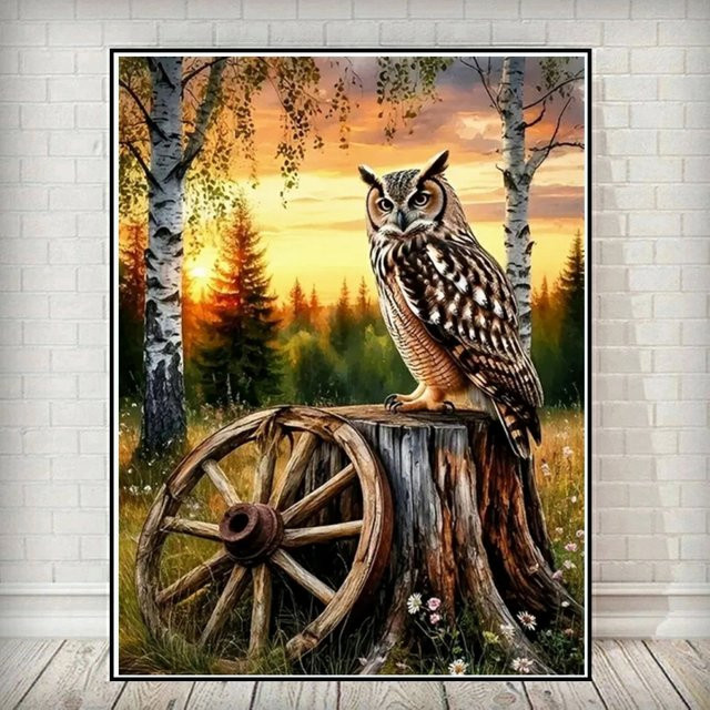 Potdemiel 5D Diamant-Malerei-Set Eule im Sonnenuntergang, rundes Diamant-Mosaik Bastelset in Multicolour, Durchmesser: 30 cm - Bild 1