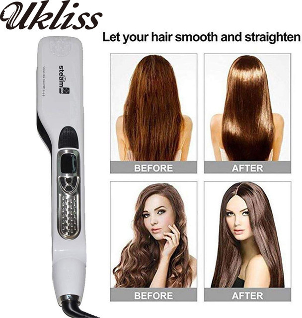 UKLISS Professioneller Dampfglätter mit Keramik-Tourmalin-Beschichtung, Elektrische Haarglätte-Bürste in Weiß - Bild 1