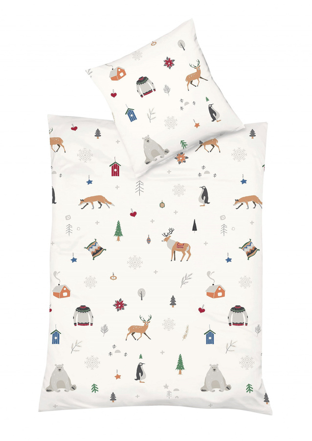 Fleuresse Mako-Satin Bettwäsche mit Fuchs, Hirsch und Winterbäumen in Weiß, B/H: 155 x 220 cm mit Kissenbezug 80 x 80 cm - Bild 1