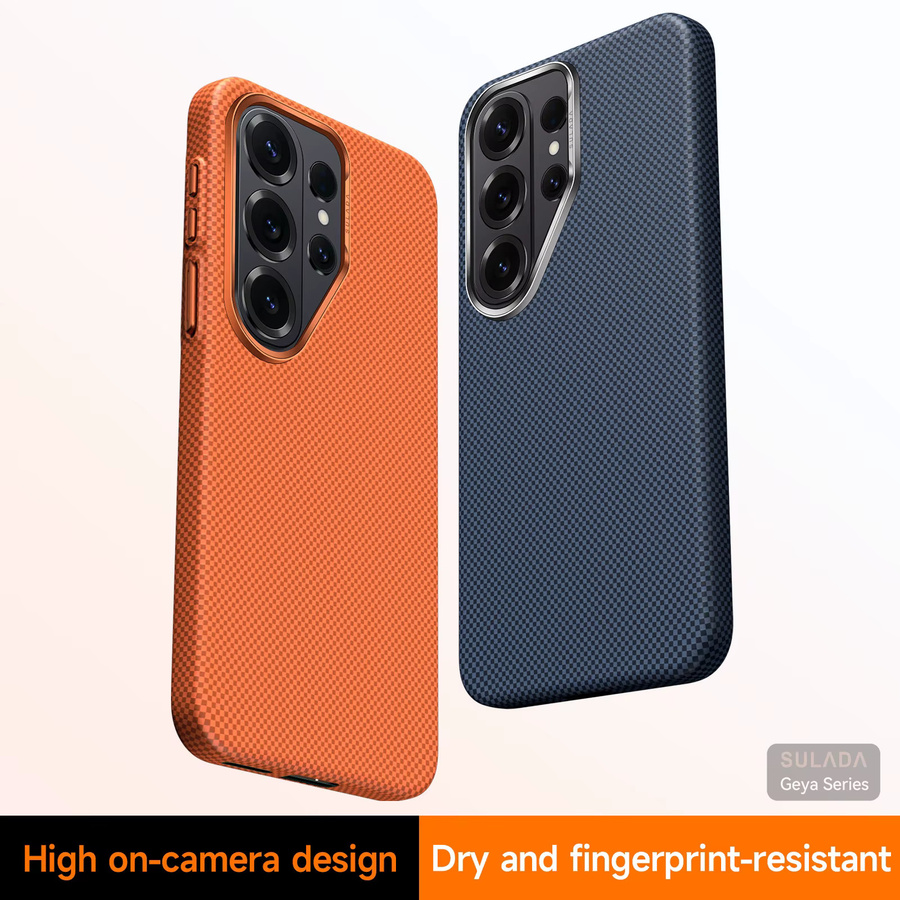 Sturzsichere Business-Schutzhülle mit Kevlar-Muster und MagSafe-Kompatibilität für Samsung Galaxy S26 Ultra Plus in Blau und Orange - Bild 2