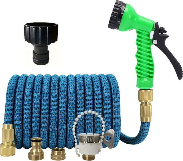 FLOWERS SPRAL Ausziehbarer Magischer Schlauch mit 7 Wassersprühfunktionen und Spritzpistole in Blau für die Haus- und Gartenbewässerung sowie die Autowäsche - Bild 1