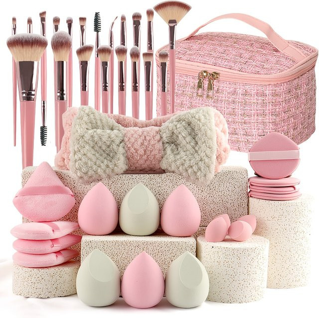 HUAZDS Make-up Pinsel Set, 40-teilig, Rosa, Vegan, mit Schwamm & Reisetasche - Bild 1
