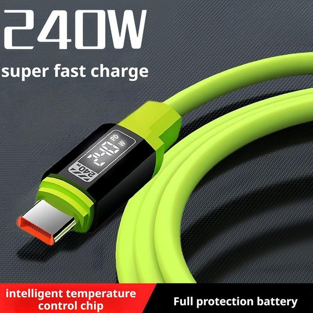 USB Type-C Schnellladekabel mit 240 W Leistung aus Flüssigsilikon in Grün für Samsung und iPhone - Bild 1