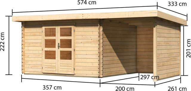 Gartenhaus Holz BASTRUP 7 Blockbohlenhaus Naturbelassen mit Anbaudach, B/T: 357 x 297 cm, 28 mm Blockbohlenstärke - Bild 1