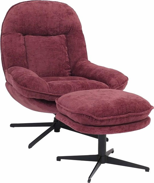 MCW Relaxsessel mit Hocker P32, drehbarer Fernsehsessel mit Nosagfederung und Metallgestell, Chenille Stoff, Farbe: Beere - Bild 1