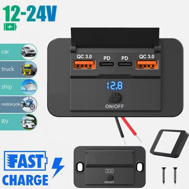 Kebidumei 4-Port 12/24V USB-C Wandsteckdose mit Schalter, wasserdichtes Auto-Ladegerät für Bus, Wohnmobil und LKW in Schwarz - Bild 6