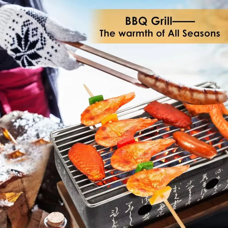 Japanischer Tragbarer Kohlegrill aus Aluminium in Silber mit Holzbasis und Grillwerkzeug - Bild 6