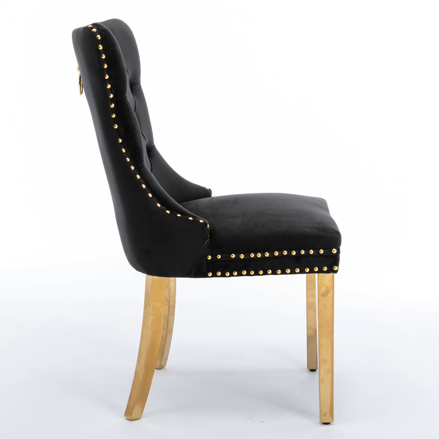 2er-Set Samt Esszimmerstühle von Svintora in Schwarz und Beige mit goldenen Edelstahlbeinen, getuftetes Design mit Nagelkopf-Verzierung und hoher Rückenlehne, B/T/H: 65 x 50 x 95 cm - Bild 4