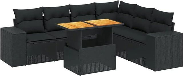 vidaXL 7-teilige Garten-Sofagarnitur in L-Form aus Poly-Rattan und Akazienholz mit Kissen in Schwarz - Bild 1