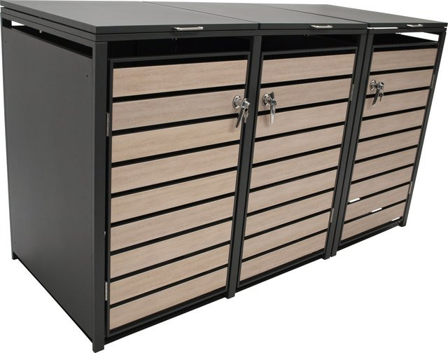 DEGAMO Mülltonnenbox aus Stahl in Anthrazit mit Türen in Holzoptik für 3 Tonnen (120 und 240 Liter), B/T/H: 200 x 80 x 116 cm - Bild 1