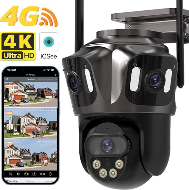 WONSDAR Outdoor 4G SIM-Karten-Kamera mit drei Objektiven, PTZ-Funktion, WLAN und automatischer Verfolgung, IP-Sicherheitskamera in Schwarz, ICsee App-Unterstützung - Bild 1