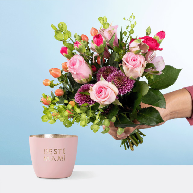 BLUME2000 Glücksbote mit Windlicht Beste Mami Bouquet Mixed Roses pink - Bild 1