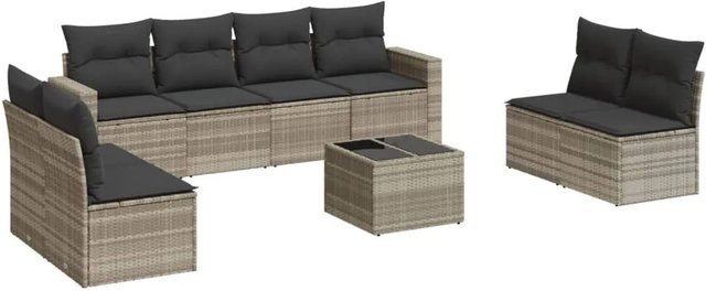 vidaXL 9-teilige Garten-Sofagarnitur aus Polyrattan mit Kissen in Hellgrau - Bild 1