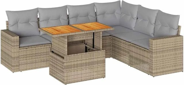 vidaXL 7-teilige Garten-Sofagarnitur in L-Form aus Poly-Rattan und Akazienholz mit Kissen in Beige und Grau - Bild 1