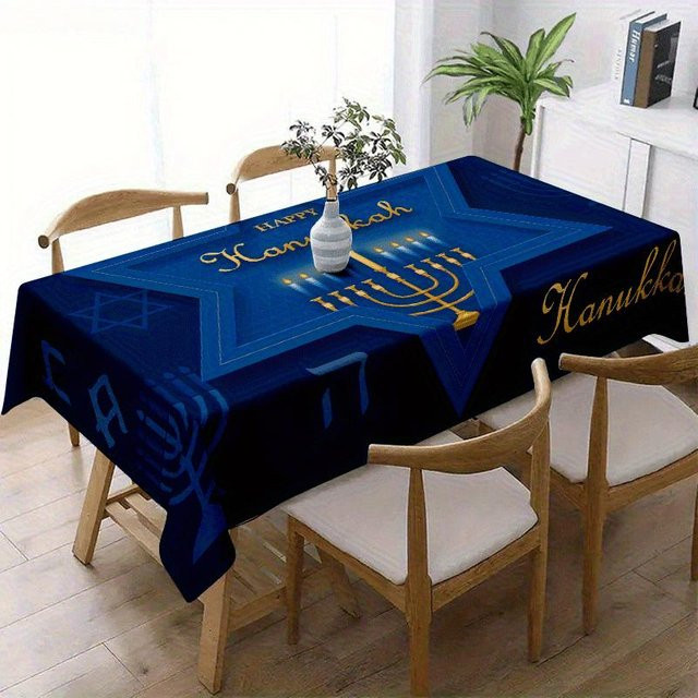 Blaue Chanukkiah Tischdecke von JINGYUE Pet, quadratisch, wasserabweisend und waschbar, B/B: 140 x 140 cm - Bild 1