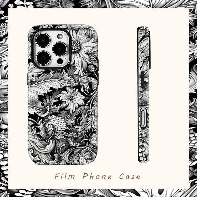 Handyhülle mit schwarz-weißem Blumenmuster für Apple iPhone 17 Pro Max, 16, 15, 14, 13, 12, 11 und weitere Modelle mit doppelschichtiger Rückseite - Bild 1