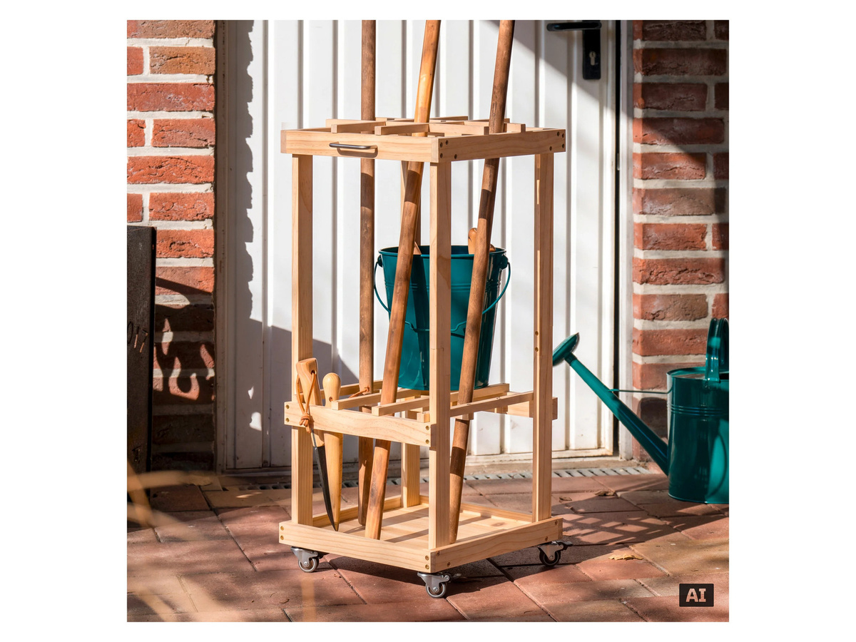 DOBAR Mobiler Gartengerätehalter aus Kiefernholz auf Rollen in Braun, B/T/H: 38,0 x 86,0 x 38,0 cm - Bild 3