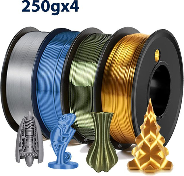 3D Maliang PLA-Seide Filament Set für FDM 3D-Drucker, Durchmesser: 1,75 mm, Farben: Silber, Blau, Gold, Bronze, 4 x 250 g - Bild 1
