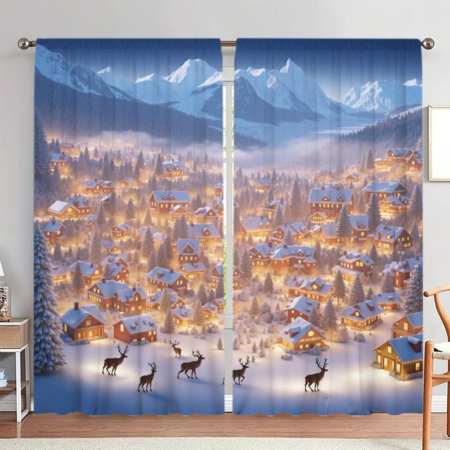2er-Set Winter Nacht Schneelandschaft Vorhang aus Polyester in Grau und Blau, B: 52,5 cm, H: 116 cm - Bild 1