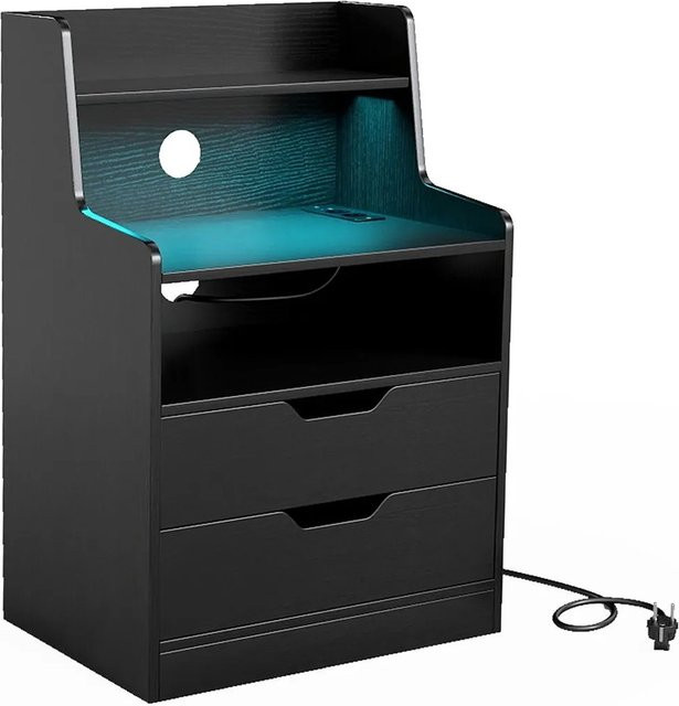 Costway Nachttisch mit LED-Beleuchtung und Ladestation in Schwarz mit 2 Schubladen - Bild 1
