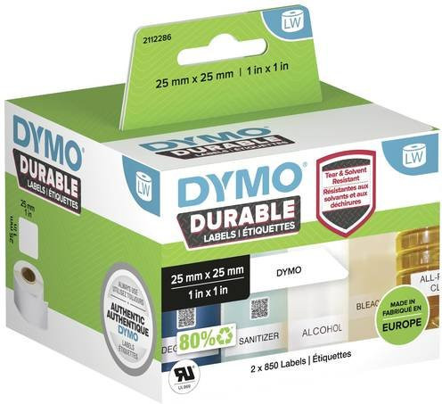 DYMO Hochleistungsetiketten Universal und Adresse aus weißer Polypropylen-Folie, B: 2,5 cm, H: 2,5 cm, 1700 Stück - Bild 1