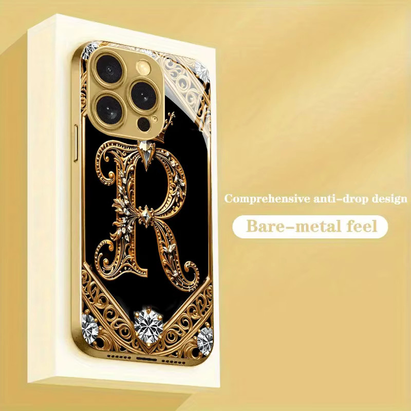 Elegante Glas Handyhülle mit Buchstabe R in Gold Metallic für iPhone 17 16 15 14 13 12 11 Pro Max und Modelle - Bild 2