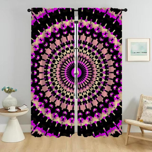 2er-Set Psychedelische Mandala Fenstervorhänge aus Tüll in Multicolour, halbtransparent für Wohnzimmer und Schlafzimmer, Breite: 50 cm, Höhe: 70 cm - Bild 1