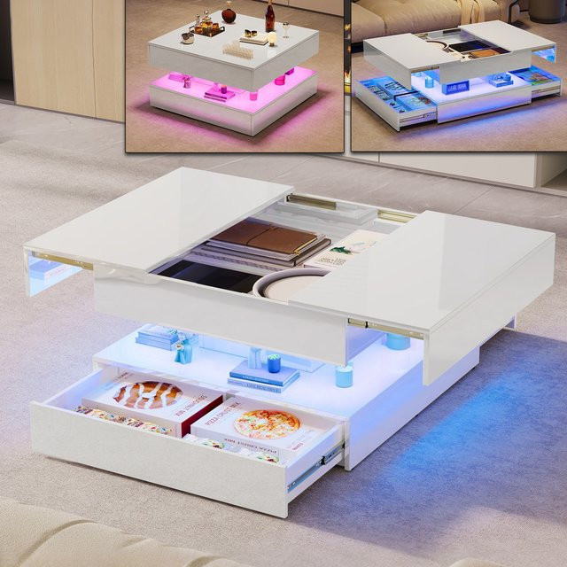 Anajqaqia Ausziehbarer LED-Couchtisch mit 2 Schubladen in Weiss, Hochglanz-Sofatisch für Wohnzimmer und Schlafzimmer, B/T/H: 78 x 78 x 43 cm - Bild 1