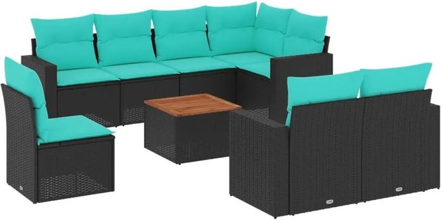 vidaXL 9-teilige Garten-Sofagarnitur aus Poly-Rattan und Akazienholz mit Kissen in Schwarz-Blau - Bild 1