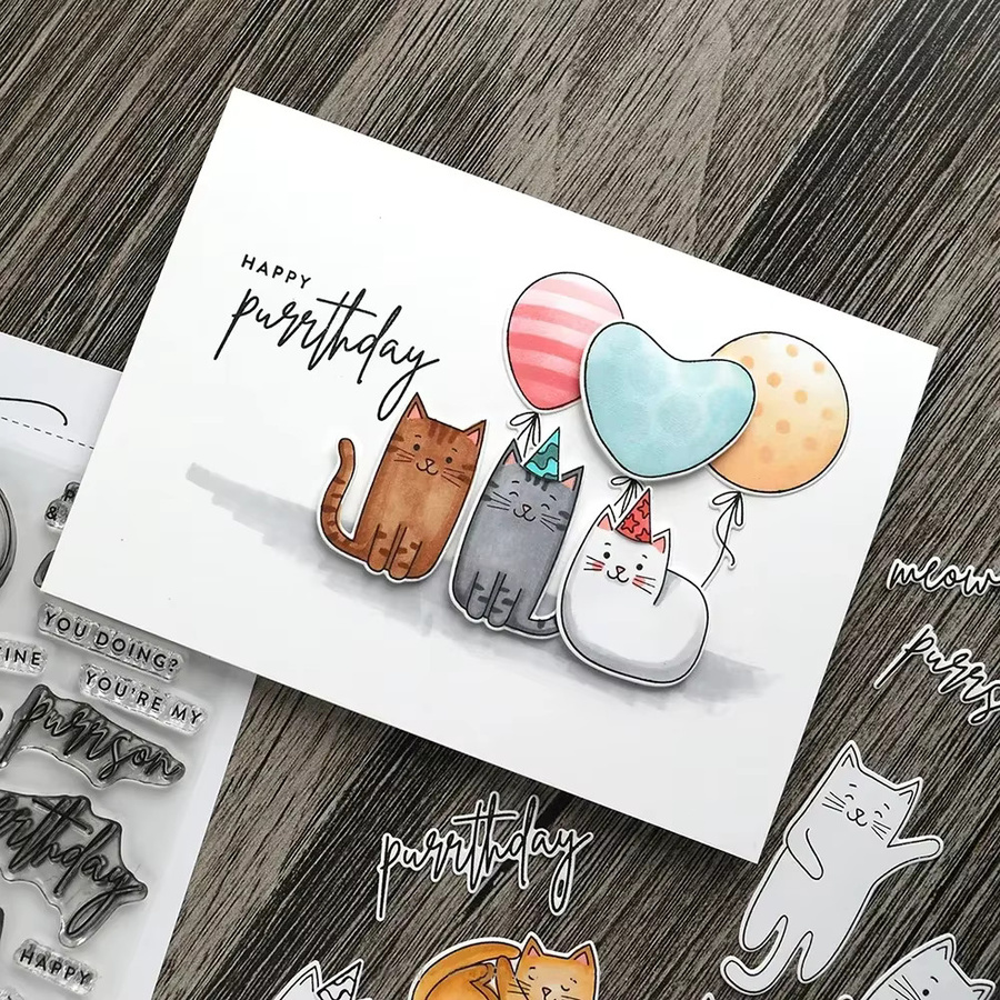 Stempel und Stanzformen Set für DIY-Karten und Bastelarbeiten mit Hund, Katze und Geburtstagsmotiven, Mehrfarbig - Bild 3