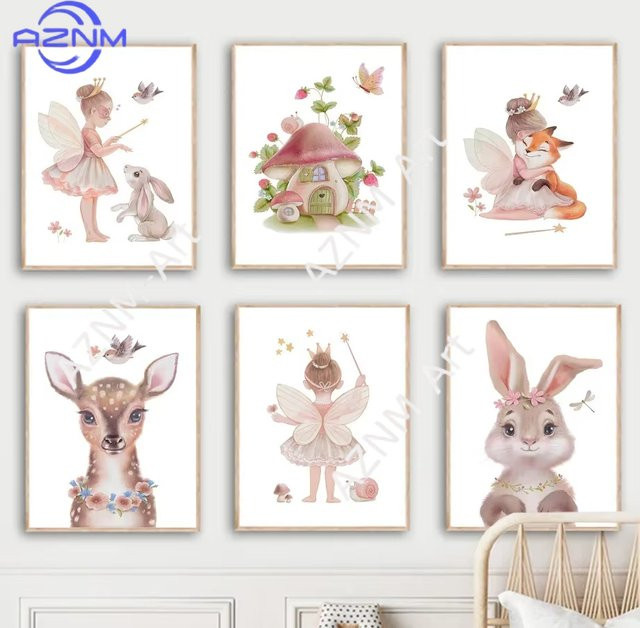 AZNM Wandkunst im nordischen Stil mit niedlichen Cartoon-Tieren als Leinwanddruck-Poster für dein Kinderzimmer in Mehrfarbig - Bild 1