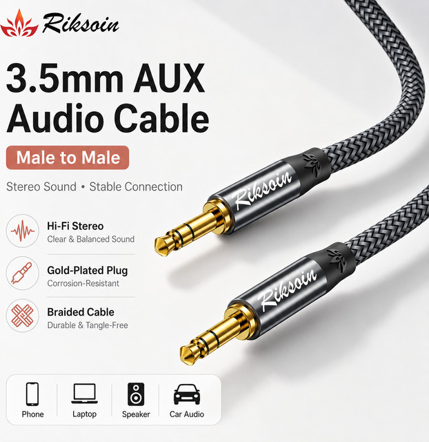 Riksoin AUX-Kabel 3,5mm auf 3,5mm Audiokabel Hi-Fi Stereo mit Nylon-Ummantelung in Schwarz - Bild 1
