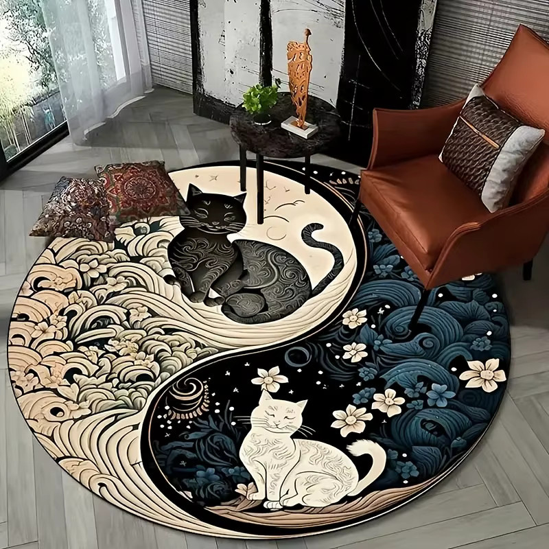 VIKAMA Runde Fußmatte im chinesischen Stil mit Tai-Chi-Yin-Yang-Katzen-Motiv, Wellen- und Blumenmuster, Multicolour, Durchmesser: 80 cm - Bild 5