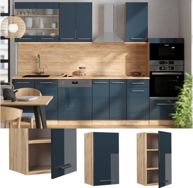 Vicco Hängeschrank Fame-Line Küche in Eiche und Dunkelblau Hochglanz mit Soft-Close-Scharnieren, Breite: 40 cm - Bild 1