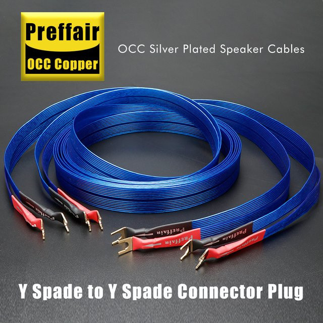 Preffair Audiophile Lautsprecherkabel in Blau mit Bananen- und Y-Steckern, versilberte OCC-Flachkabel für Verstärker, DVD und CD - Bild 1