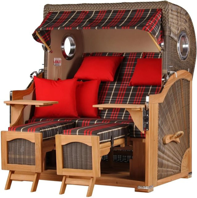 bene,iving Strandkorb Komplettset Ammersee Grande XL aus Teak mit Liftersystem, Schutzhülle, Doppelrollen und Glasbecherhalter in Grau - Bild 1