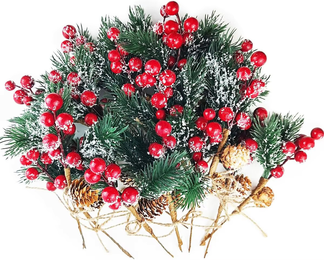 Künstliche Pflanzen mit roten Früchten für Weihnachts-, Neujahrs- und Hochzeitsdekoration, 3 bis 5 Stück, Tischdekoration für Haus und Garten - Bild 2