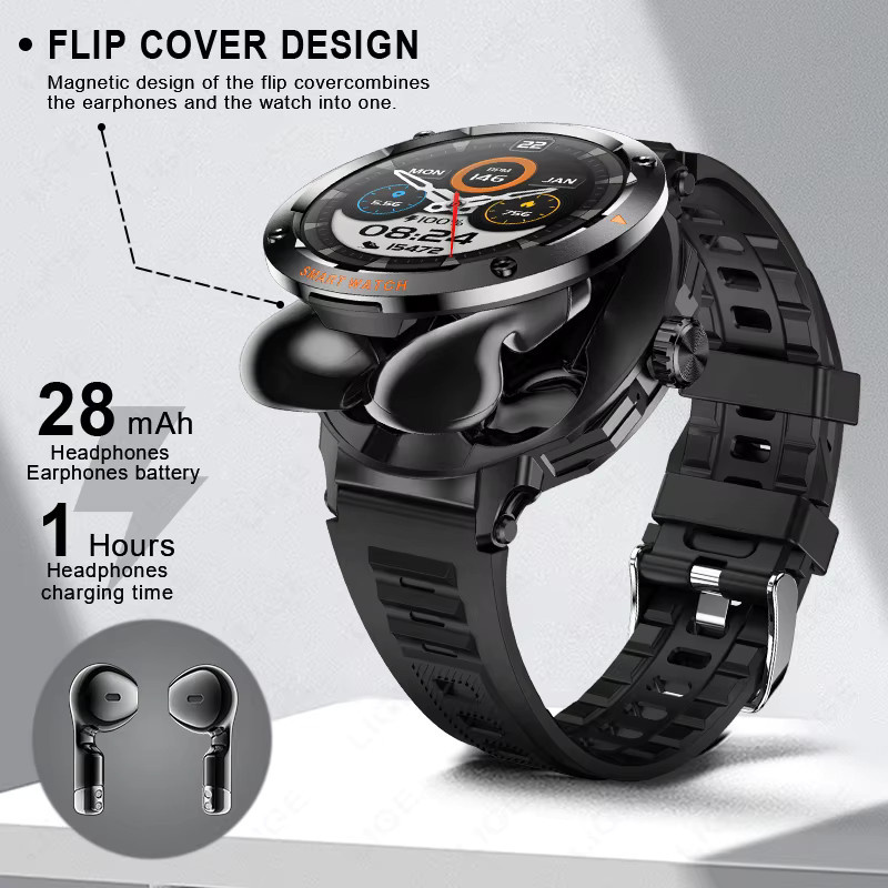 LIGE D13 2-in-1 Smartwatch mit TWS HiFi Stereo Wireless Headset Combo, 1,46 Zoll Display, Bluetooth Telefonfunktion für Android und iOS, Schwarz/Grau - Bild 2