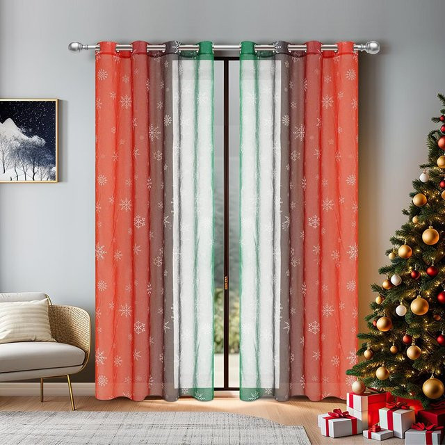 Yiran Furniture Weihnachts-Vorhang mit Schneeflockenmuster in Braun, 2er-Set mit Ösen, Breite: 132 cm, Höhe: 160 cm - Bild 1