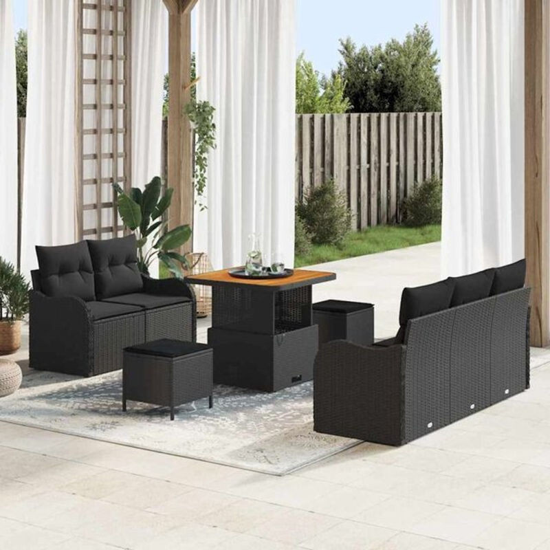 Vidaxl Garten-Sofa-Set aus Polyrattan und Akazie mit Kissen in Schwarz, 8-teiliges Loungemöbel-Set, B/T/H: 80 x 80 x 71 cm - Bild 1