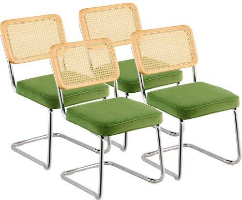 VEVOR Rattan Stühle Set aus 4 Stück, Mid Century Modern Esszimmerstühle mit Samtpolsterung und Rattan-Rückenlehne, Grün - Bild 1