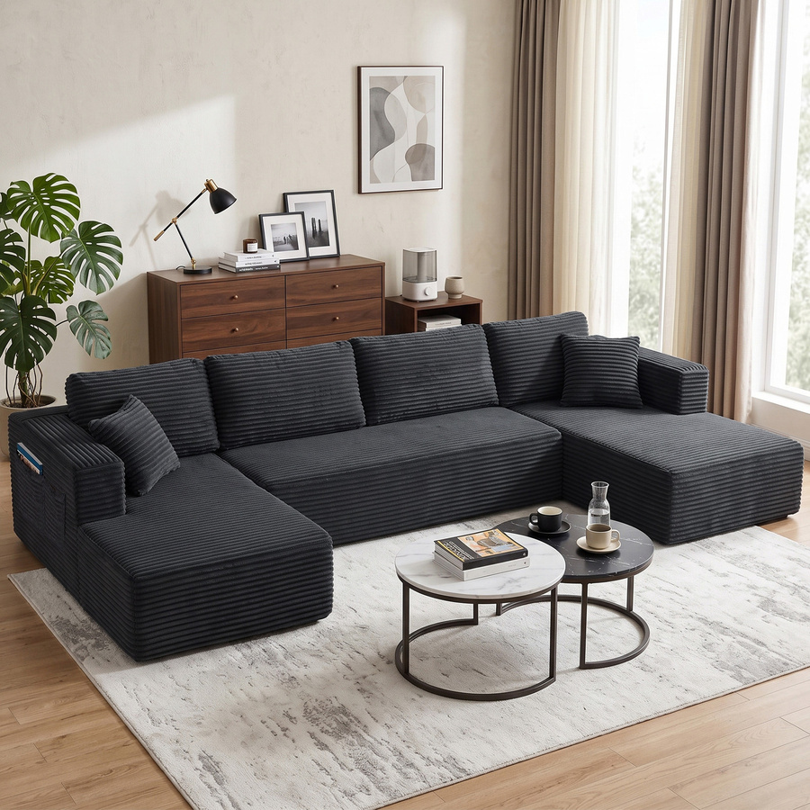 HOMCOM Modulares U-Form Sofa mit Schlaffunktion in Dunkelgrau, 4-Sitzer Ecksofa mit 2 Chaiselongues und Seitentaschen in Cord-Optik, Breite: 369 cm - Bild 2