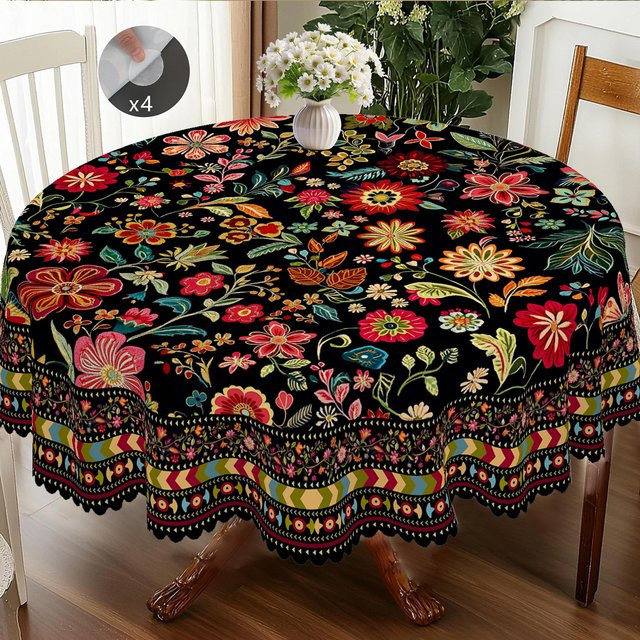 JINGYUE Pet Tischdecke für Ostern mit Lamm- und Blumenmuster, rund, schwarz, Durchmesser: 180 cm - Bild 1