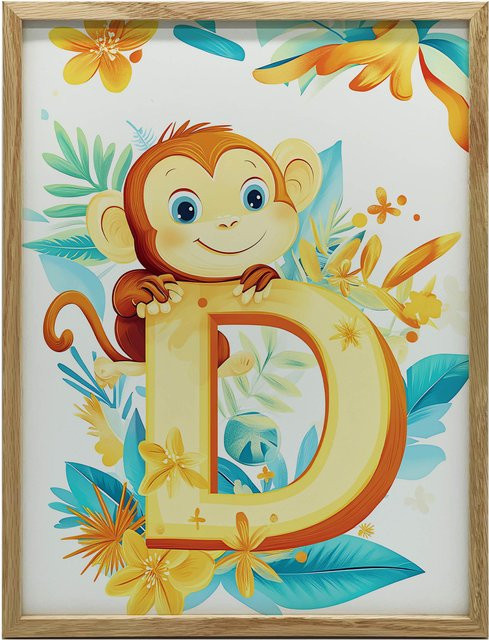Plakat Lachender Affe mit dem Buchstaben D von Marcin Zbijowski in Holzrahmen Helle Eiche, B: 50 cm, H: 70 cm - Bild 1