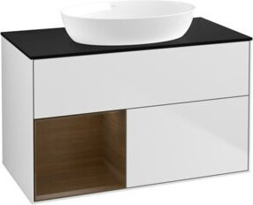 V&B Waschtischunterschrank Finion 100 in Weiß lackiert mit Walnuss-Regal, Breite: 100 cm, Tiefe: 50,1 cm, Höhe: 50,1 cm - Bild 1