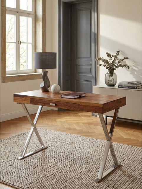 KADIMA DESIGN Schreibtisch aus Massivholz und Metall in Braun und Silber, B/T/H: 120 x 55 x 78 cm - Bild 1