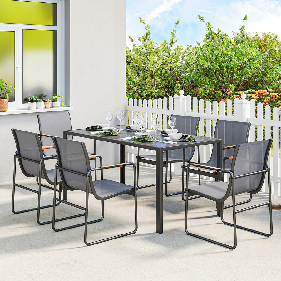 Outsunny 7-teiliges Outdoor-Esstisch-Set für 6 Personen in Grau mit Glastisch und Stühlen aus Stahl und Teakholz für Garten und Terrasse - Bild 2
